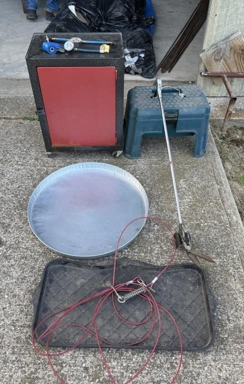 Rolling Cabinet, stool, weed clipper, Tin pan,