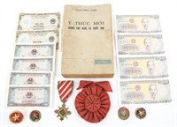 VIETNAMESE AWARDS MEDALS BOOK & CURRENCY LOT
