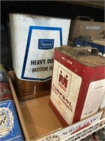 Sears motor oil and Midland paint thinner tins