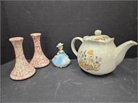 Bud Vases, Robinson Tea Pot ,Cermaic Lady Chipped