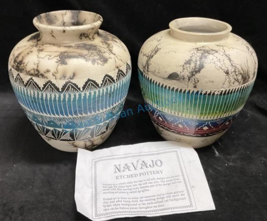 2 10 inch etched Navajo pots