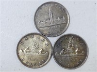 THREE 1939, 1953, 1954 CANADIAN SILVER $1 COINS
