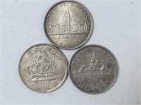 THREE 1939, 1949, 1950 CANADIAN SILVER $1 COINS