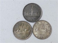 THREE 1939, 1961, 1966 CANADIAN SILVER $1 COINS