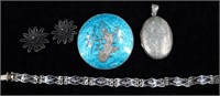 4pc Siam Sterling Silver Jewelry- Locket, Brooch +