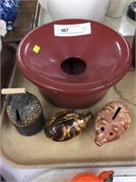 (2) Pottery Pig Banks, Enameled 2-Part Spittoon