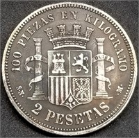 1869 Spain 2 Pesetas Silver Coin