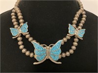 Sterling Turquoise Butterfly Necklace 70.3gr TW