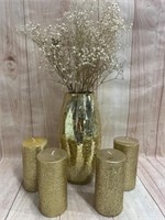 Gold Cackle Vase & Gold Glitter Candles
