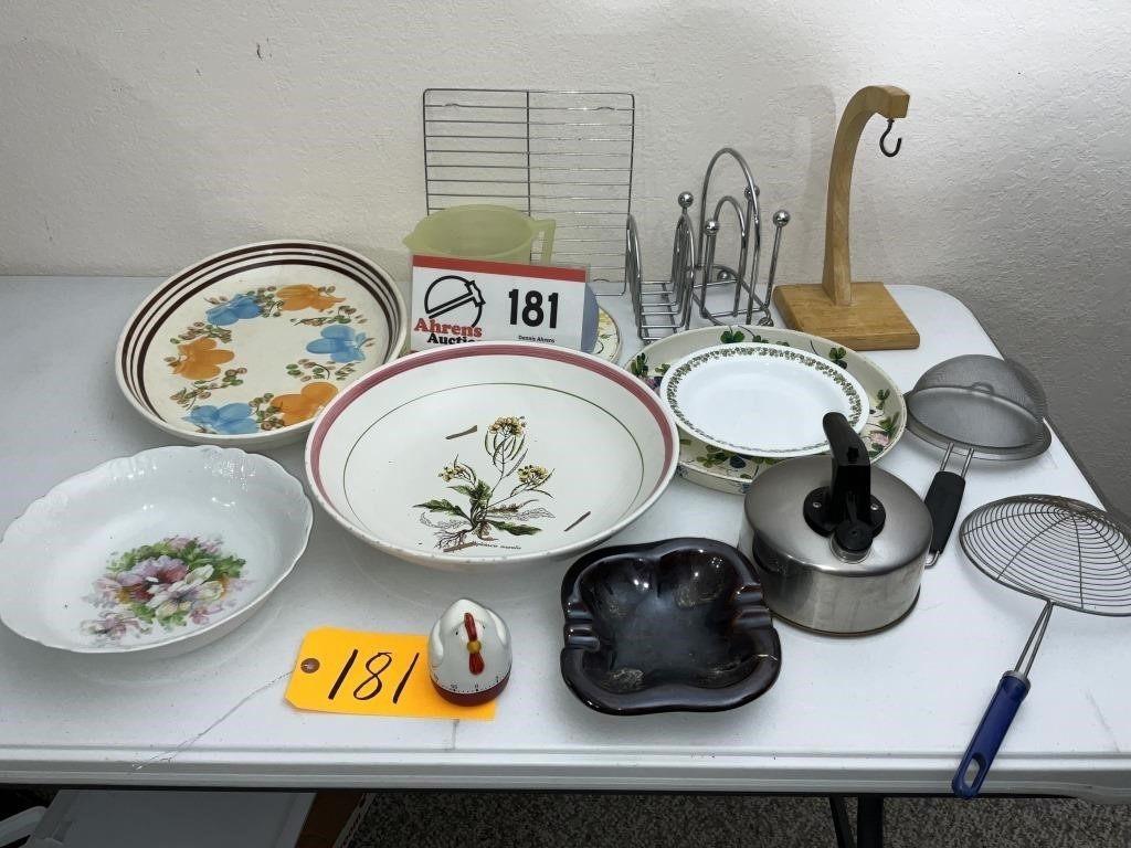 Bowls, timer, kitchen ware, Corelle plate, etc