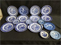 Group of Willow Ware by Royal china plates, box