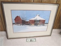 Robert Johansen Framed Winter Barn Watercolor -