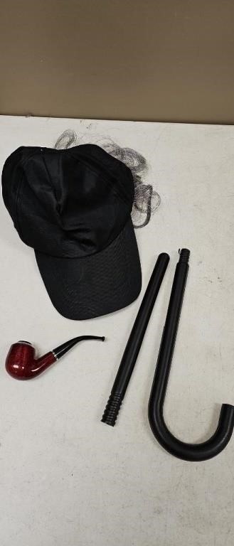 Old man's cap with white hair, Pipe and