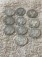 10 VERY OLD UNSEARCHED MERCURY SILVER DIMES