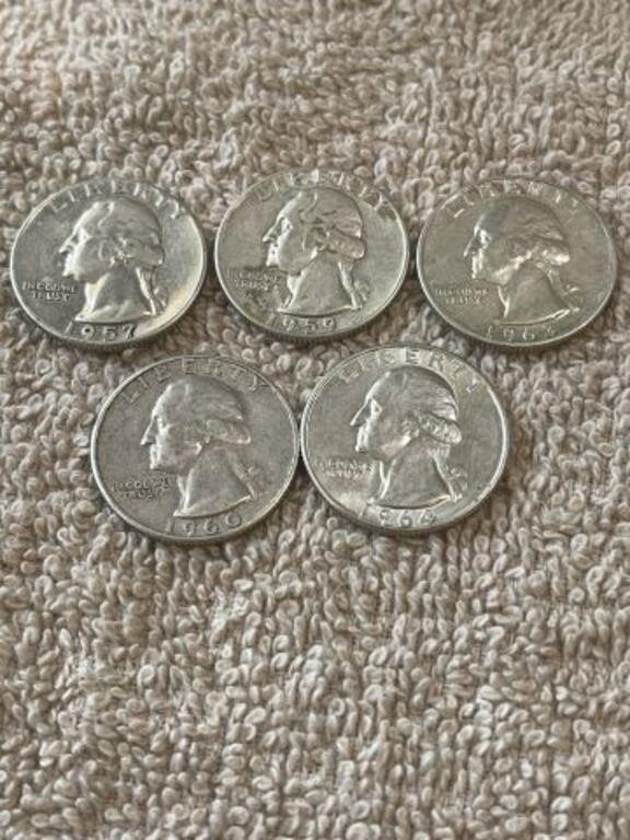 5 UNSEARCHED SILVER WASHINGTON QUARTERS