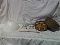 POKER CHIPS, GLASS LAMP SHADE, CANDLE HOLDERS
