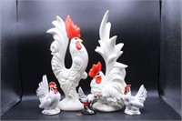Bevy 5 Mid-Cent. Ceramic Roosters & Chickens