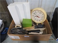 kitchen utensils, clock, spice shelf
