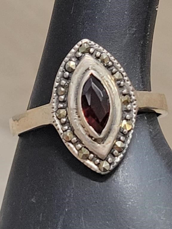 .925 Sterling Silver Ruby & Marcasite Ring