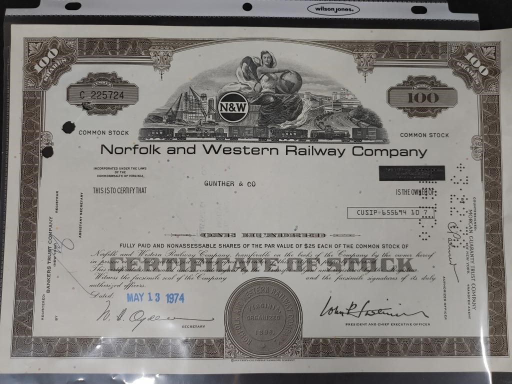 Norfolk & Western Railway Conpany 100 Shares Stock