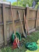 White 5 Gallon Bucket, 4 Metal Rakes, 1 Hoe, 1