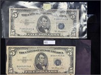 (2) 1963 Five Dollar US Notes, 1963 A Five Dollar