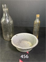 Enamel Pan & Vtg Bottles