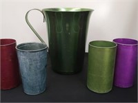 Tin pitcher and 4 cups