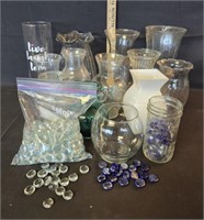 Clear Glass Vases, Blue & Clear Gem Stones & More