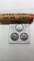 Roll of 1943 steel wheat pennies +3 bonus