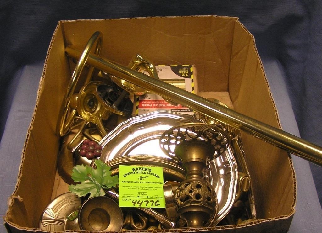 Large box full of vintage silverplate and brasswar