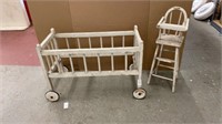 Vintage doll crib & high chair - wooden- lot of 2