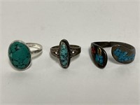 3 Sterling Turquoise Rings 12.4gr TW