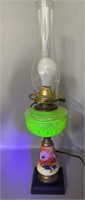 Antique uranium glass oil lamp hand-painted