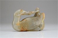 LARGE JADE CARVED DUCK AND BOY GROUP