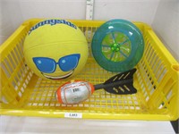 Balls and frisbee in a basket