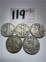 5 Walking Liberty Half Dollars ( 2 - 41 & 3 - 43 )
