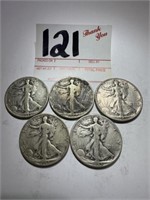 5 Walking Liberty Half Dollars ( 1 - 29 & 4 - 45 )