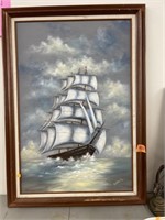 Sailing Ship at Sea. Painting on Canvas. Signed.