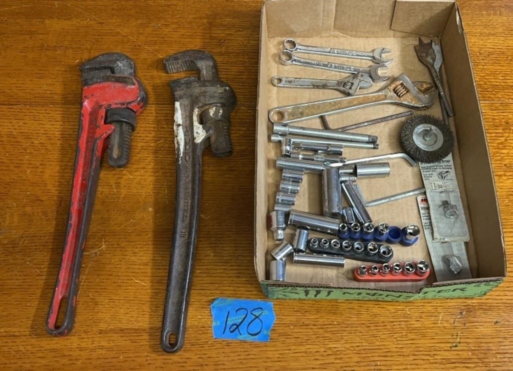 18” pipe wrenches (Rigid and China ), sockets,