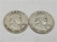 2-  1949 D Benjamin Franklin Silver Half Dollars
