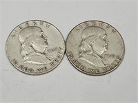 2- 1949 S Benjamin Franklin Silver Half Dollars