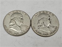 2- 1950 Benjamin Franklin Silver Half Dollars