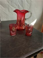 9x9in hand blown cranberry pitcher w/gls's