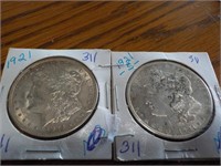 2 Silver Dollars 1921, 1921S Morgan Ea Each x 2