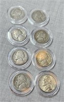 8 Jefferson War Nickels, various dates, hard