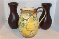 Two Wood Vases and Ceramic Pitcher