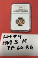 LOT#4) 1969 S 1C PF66RB LINCOLN CENT