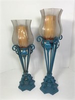Teal Metal Candle Stands with Frosted Crackle