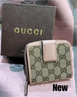 Brand New Gucci Pink GG Web Leather&Canvas Wallet